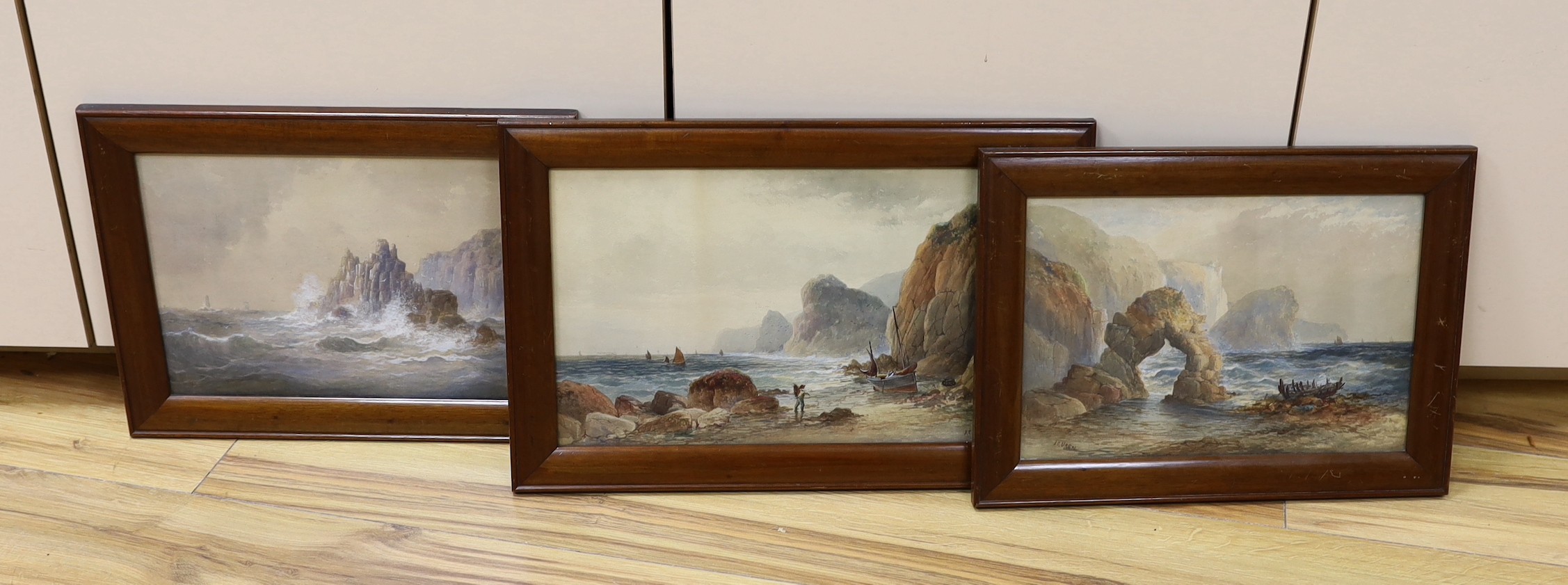John Clarkson Uren (1845-1932), three watercolours, Coastal scenes, signed, one dated 1880, largest 23 x 40cm